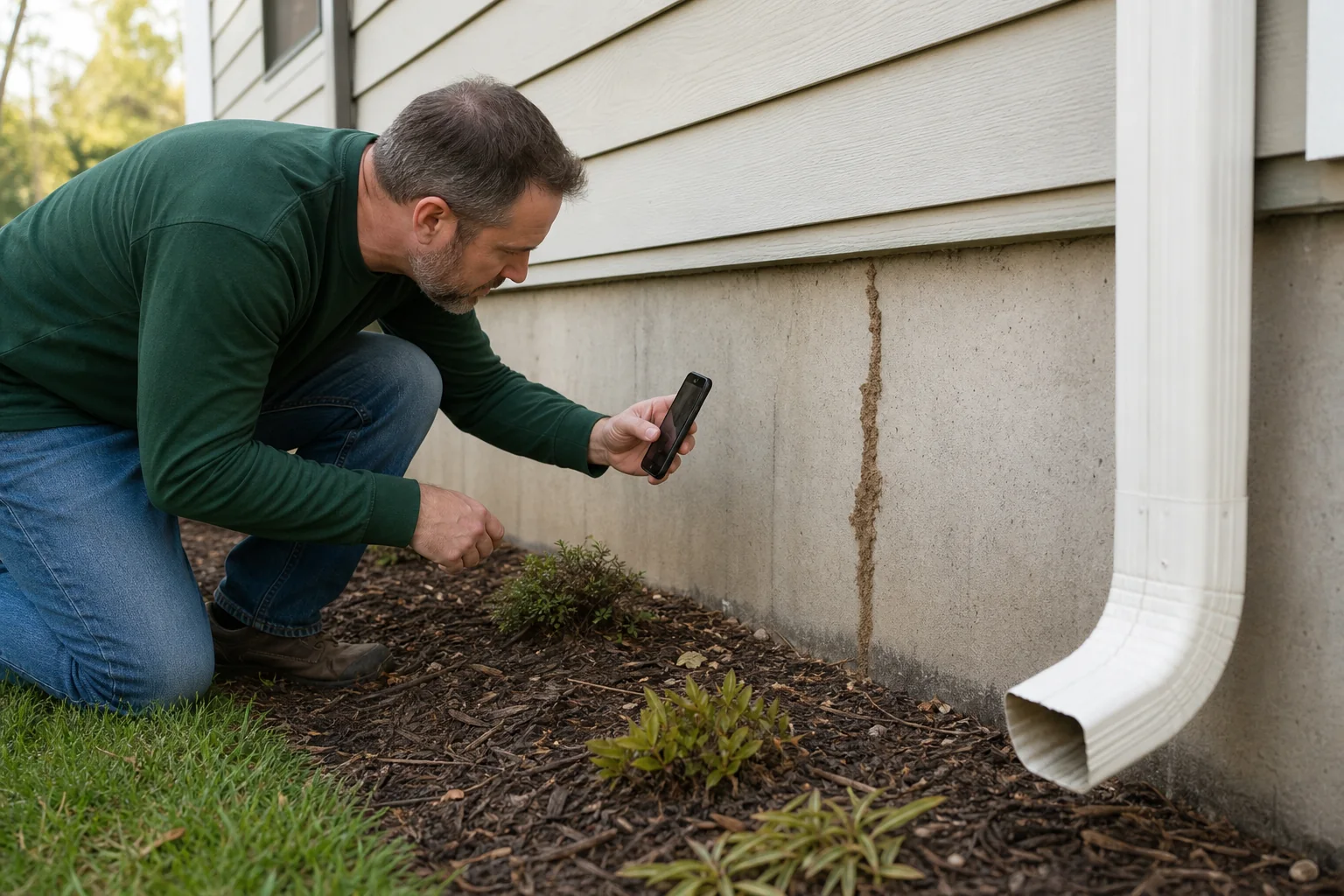 Homeowner documenting foundation evidence before comparing DIY termite treatment vs professional help