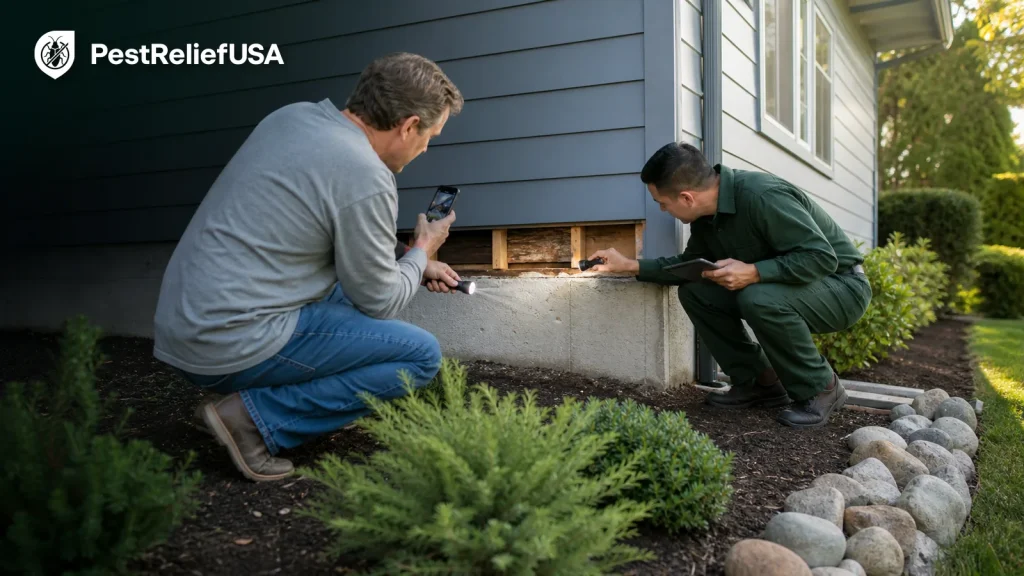 Homeowner documenting possible termite activity while an independent professional inspects a house foundation