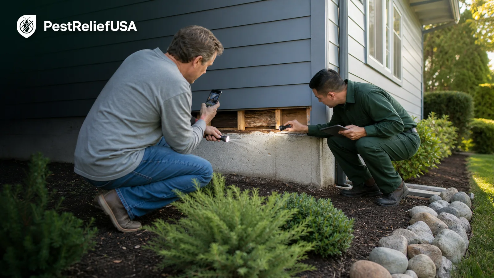 Homeowner documenting possible termite activity while an independent professional inspects a house foundation