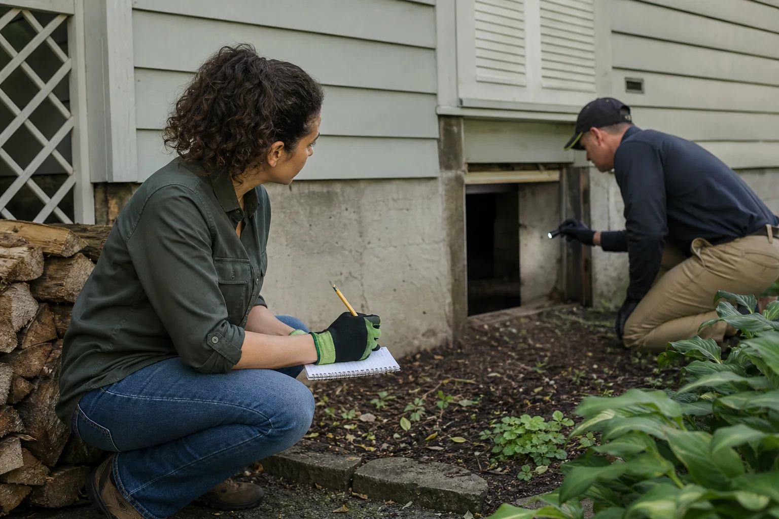 Homeowner records conditions while an independent termite professional assesses a crawlspace opening