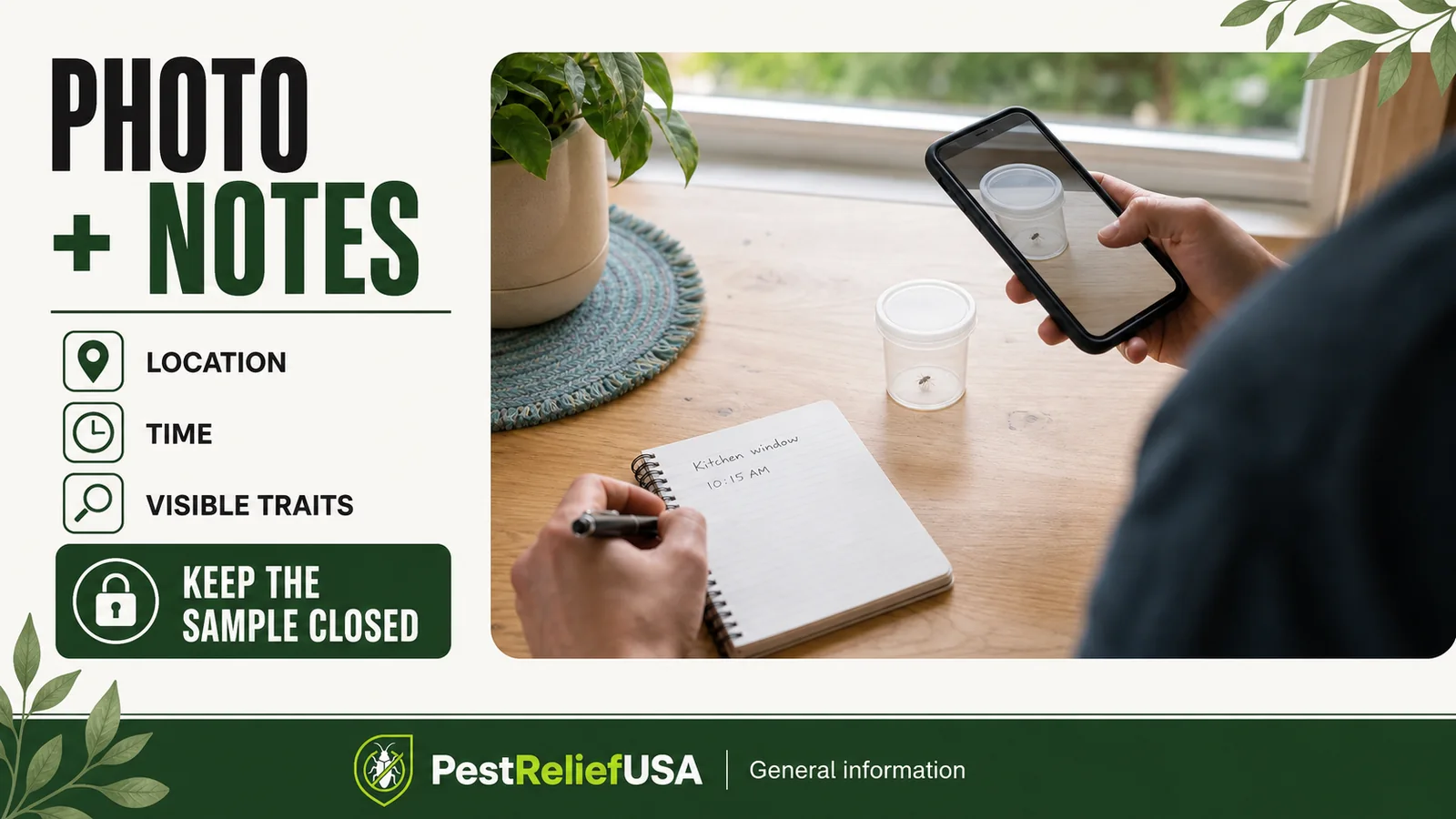 Photo and notes: document location, time and visible traits while keeping the insect sample closed