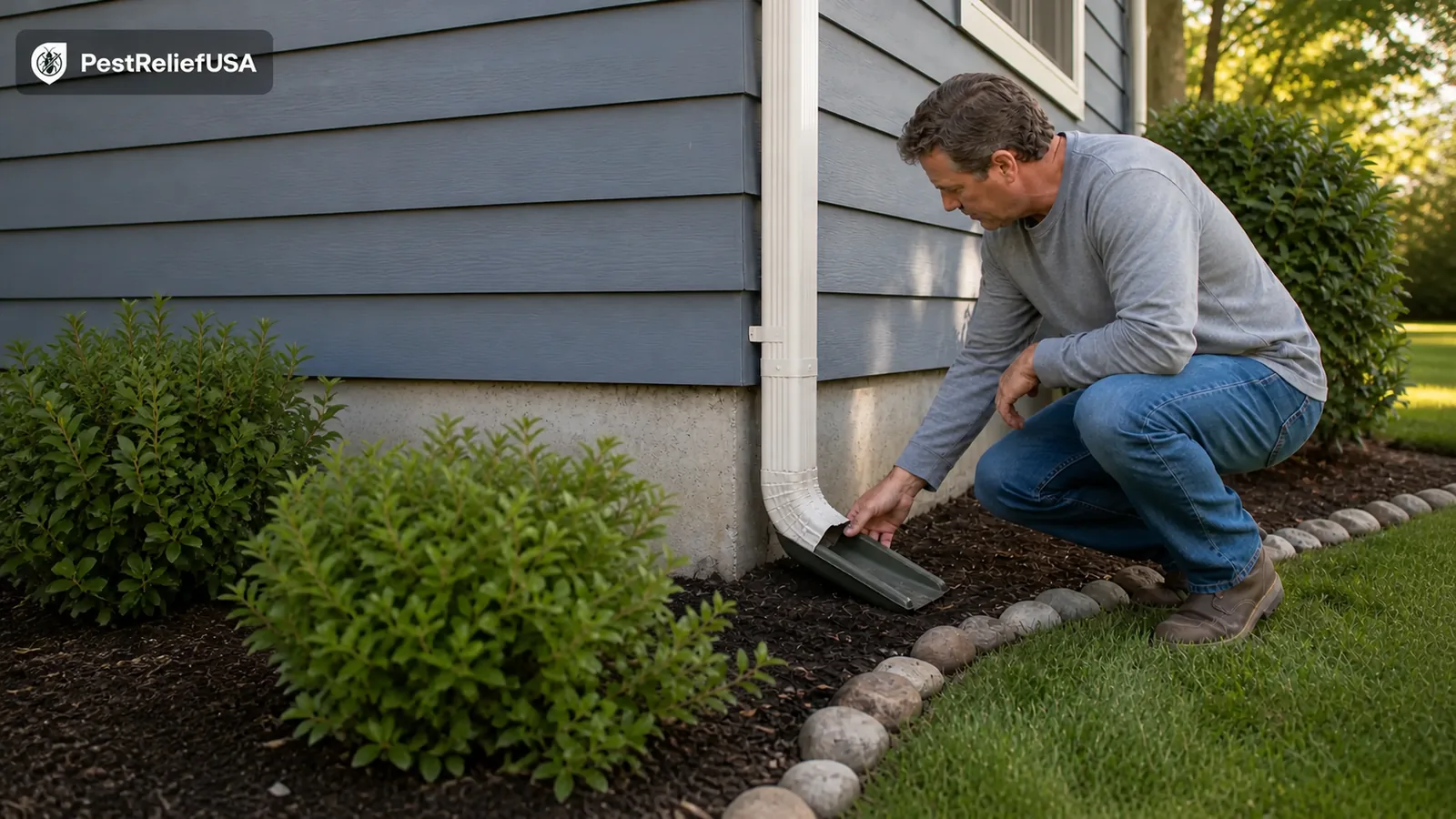 Homeowner checking a downspout beside a house foundation as part of routine termite-prevention maintenance
