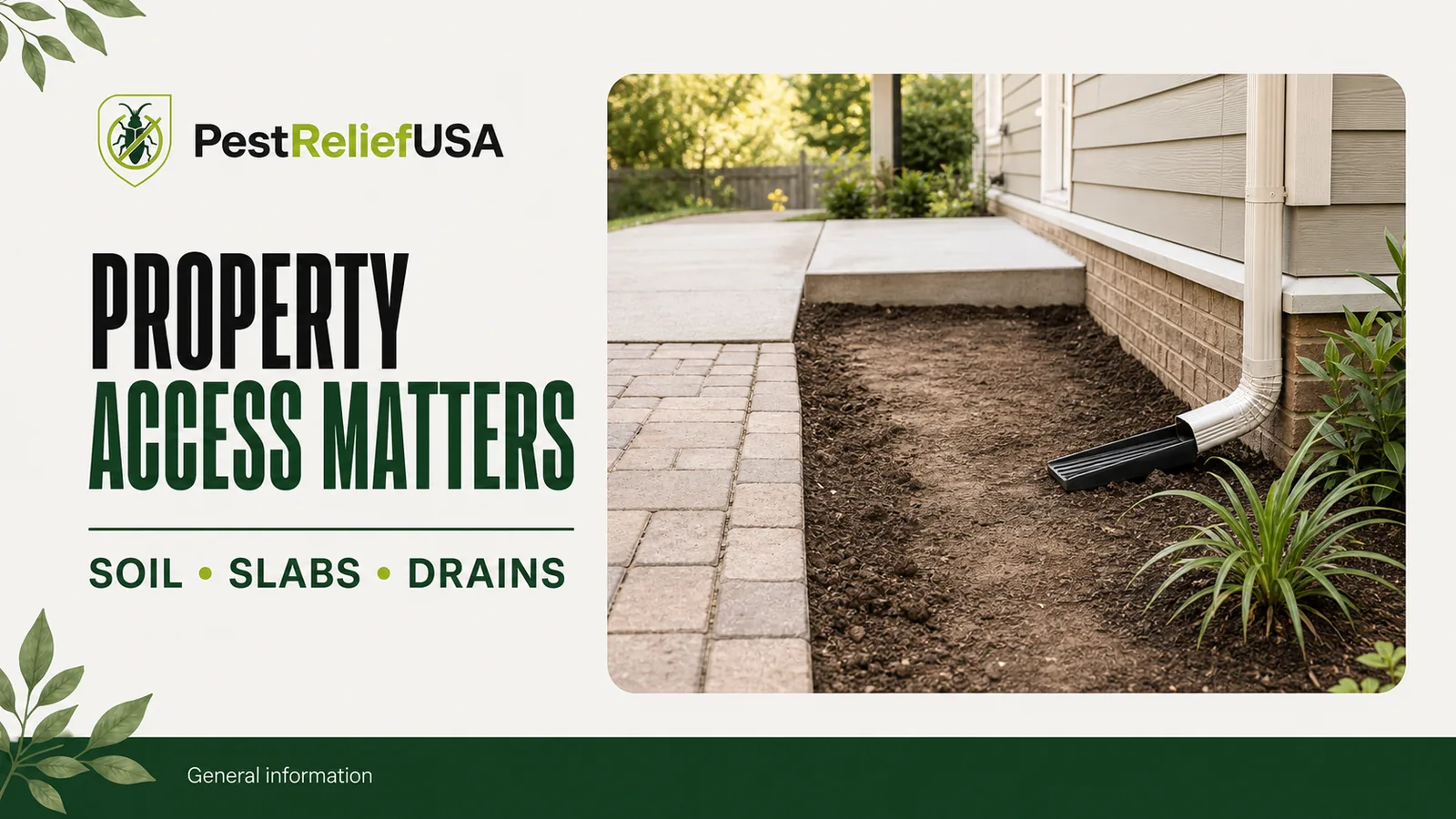 Foundation perimeter with soil, concrete slabs, drainage and landscaping that may affect termite treatment access
