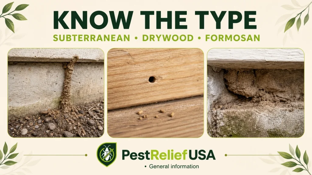 Subterranean, drywood and Formosan termite nesting clues compared beside residential wood and foundation details