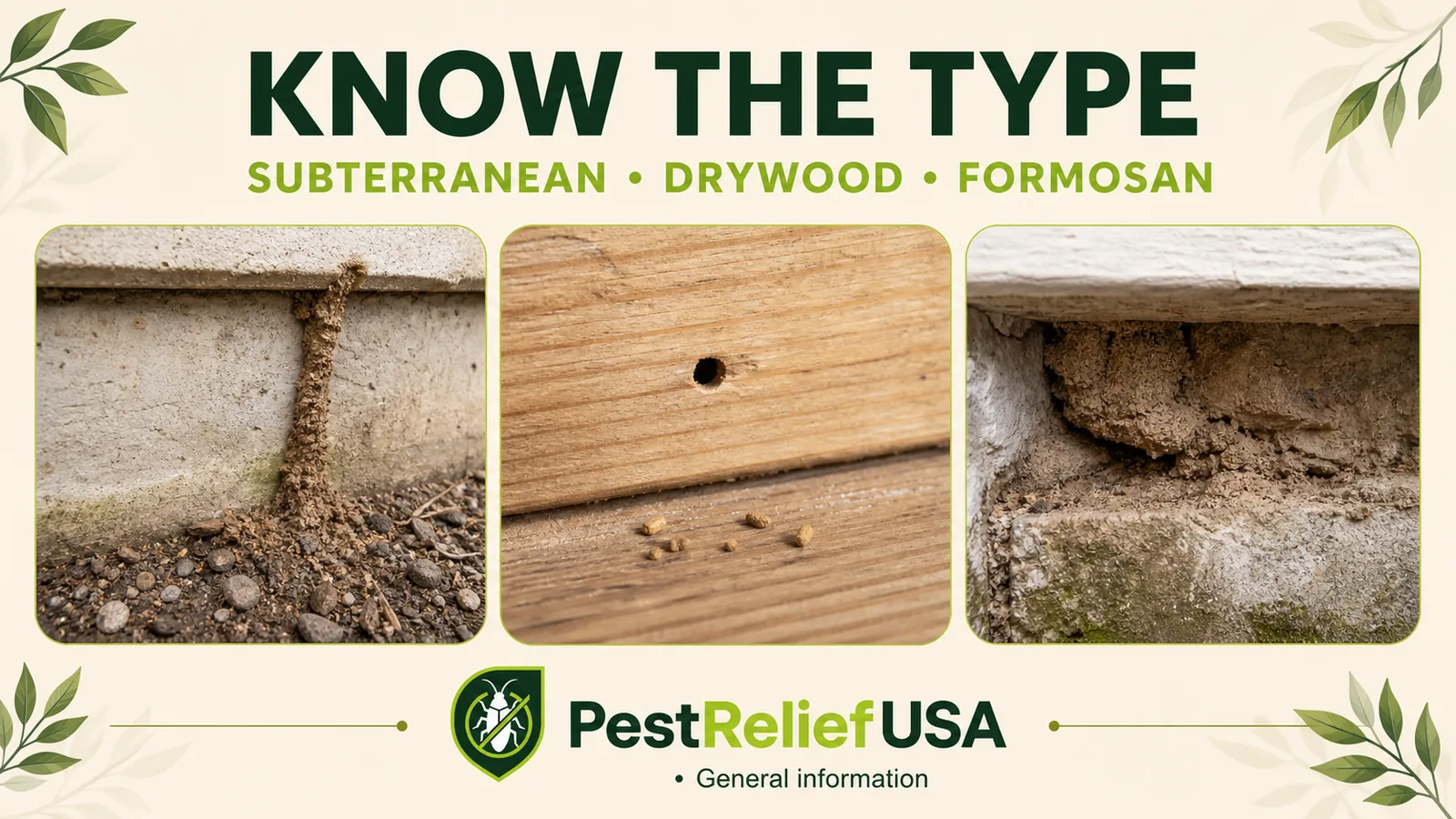 Subterranean, drywood and Formosan termite nesting clues compared beside residential wood and foundation details