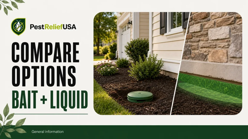 Termite bait station and liquid soil treatment concepts compared beside a residential foundation