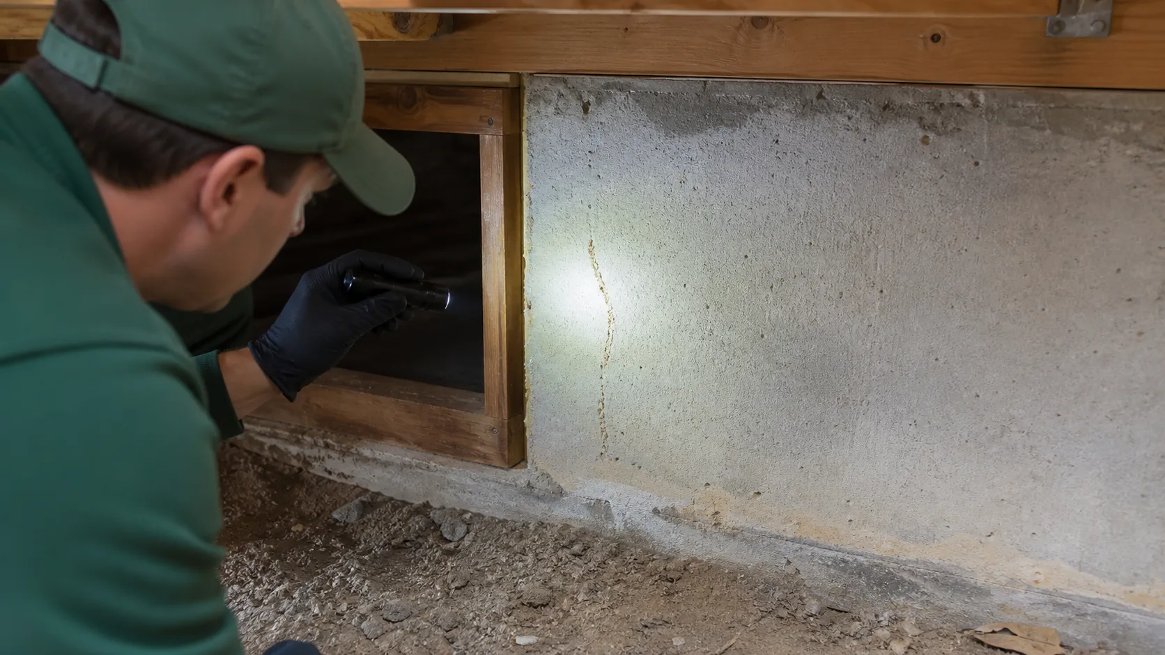 Pest professional examining a possible mud tube beside a crawlspace access opening.
