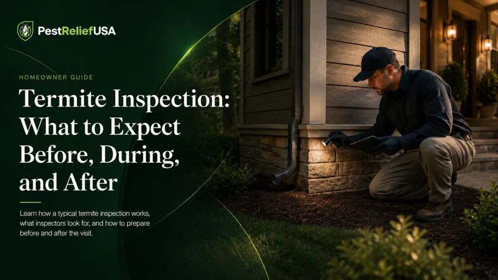 PestReliefUSA guide to termite inspections, showing an inspector examining a home foundation.