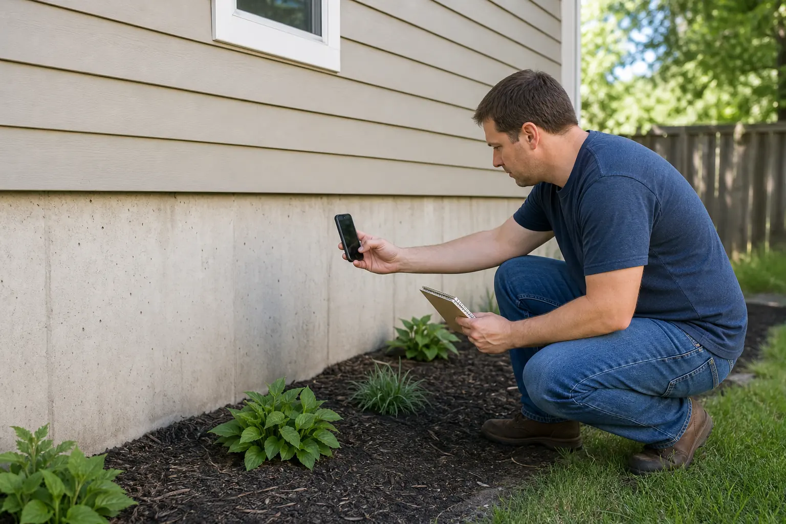 Homeowner photographing a foundation area and taking notes without disturbing the site
