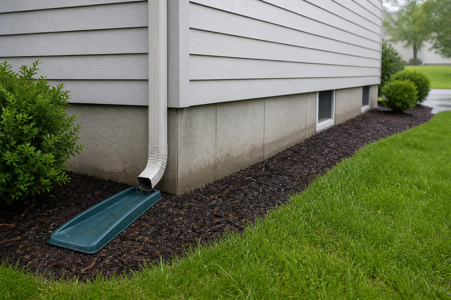 Home foundation with a downspout directing water away, visible siding clearance, and trimmed shrubs