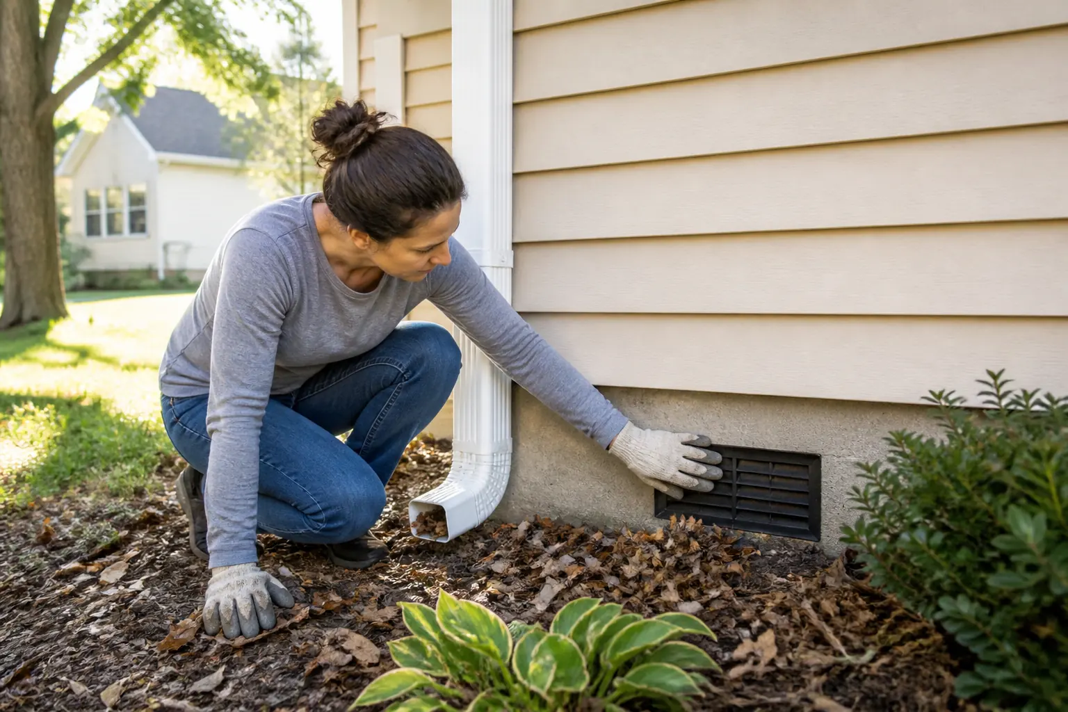 Homeowner clearing leaves near a downspout and checking an unobstructed foundation vent