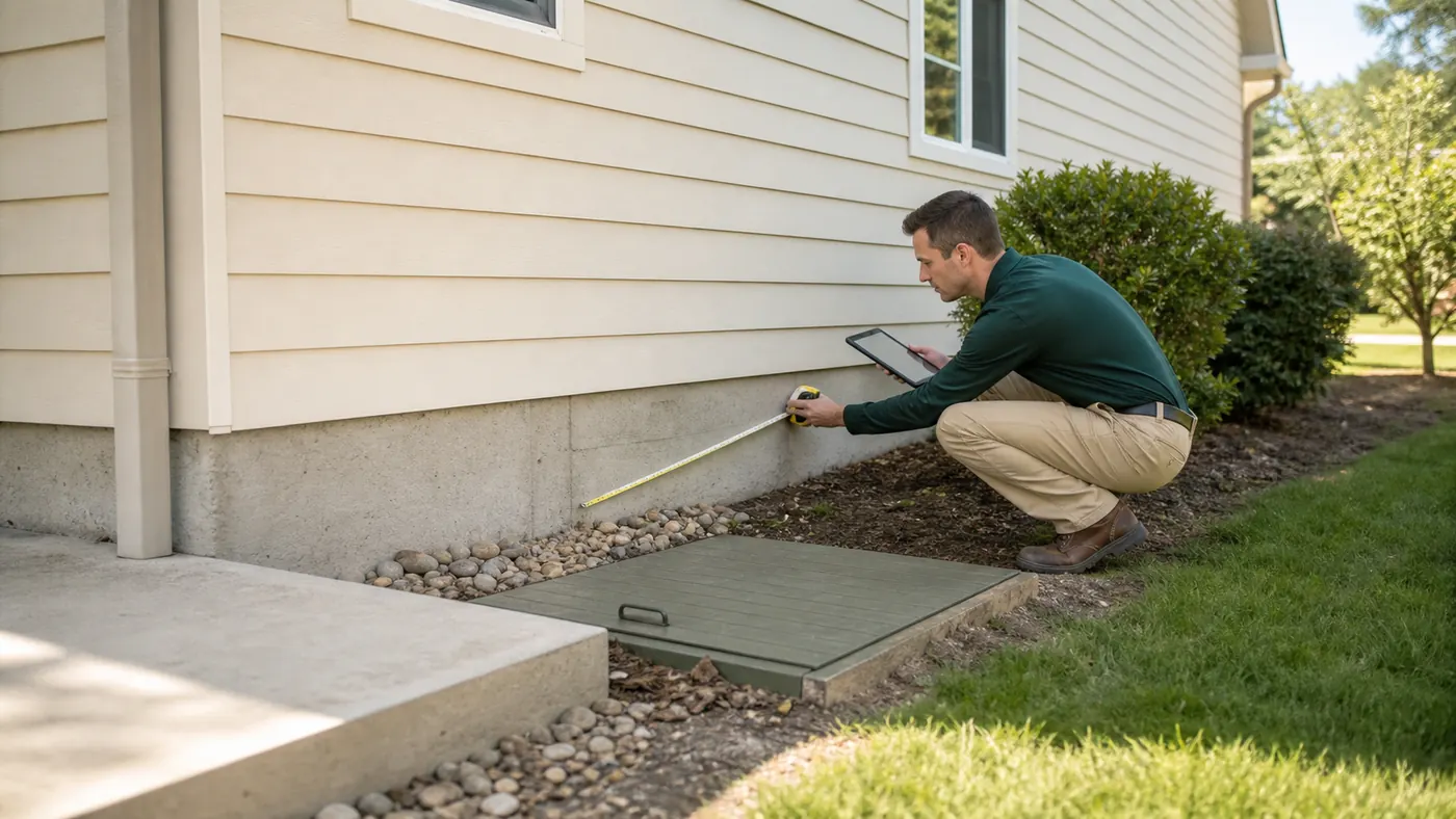 Pest professional measuring a home foundation near a crawlspace access hatch to assess termite treatment scope.