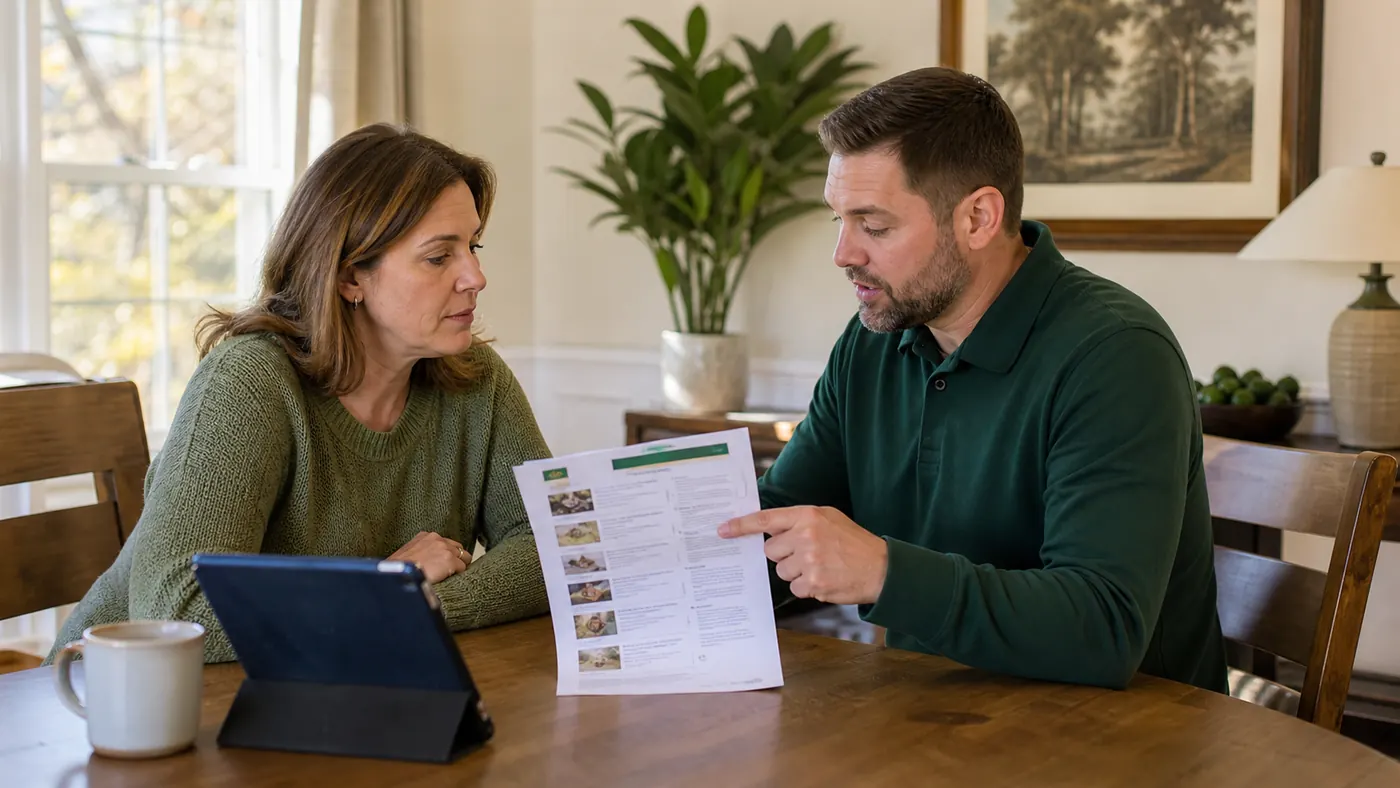 Homeowner reviewing a written termite treatment cost proposal with an independent provider.
