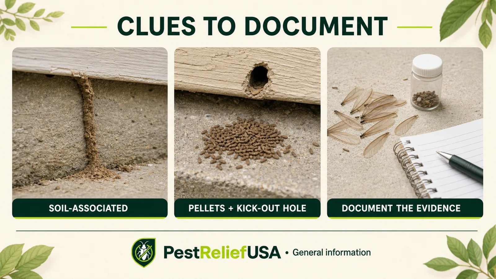 Mud shelter tube, drywood termite pellets and shed wings shown as termite clues homeowners can document