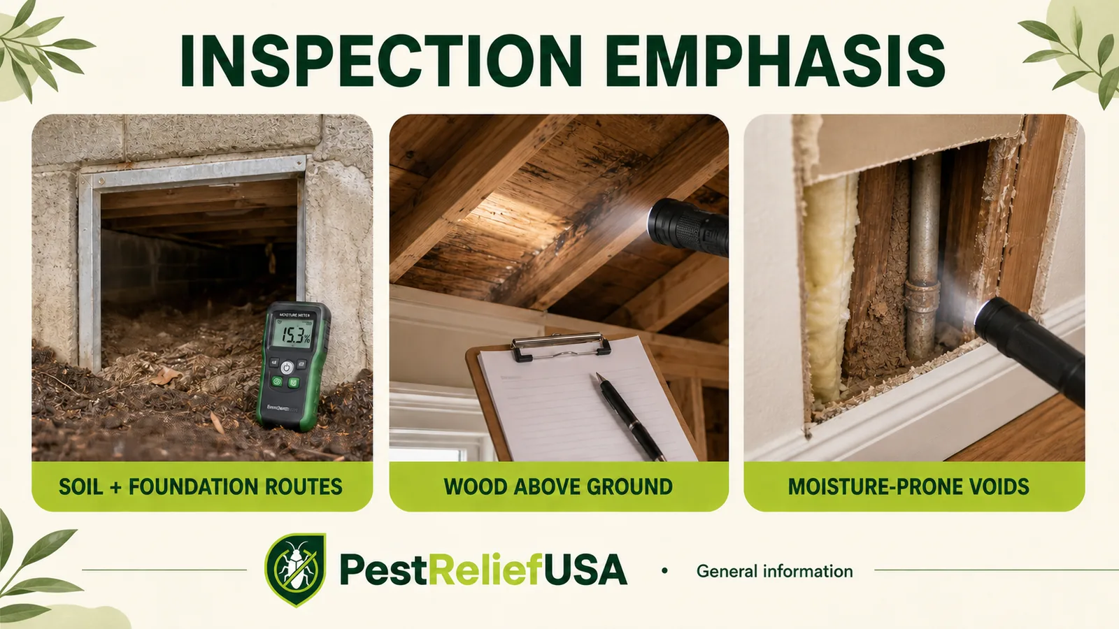 Foundation routes, aboveground wood and moisture-prone wall voids shown as different termite inspection areas