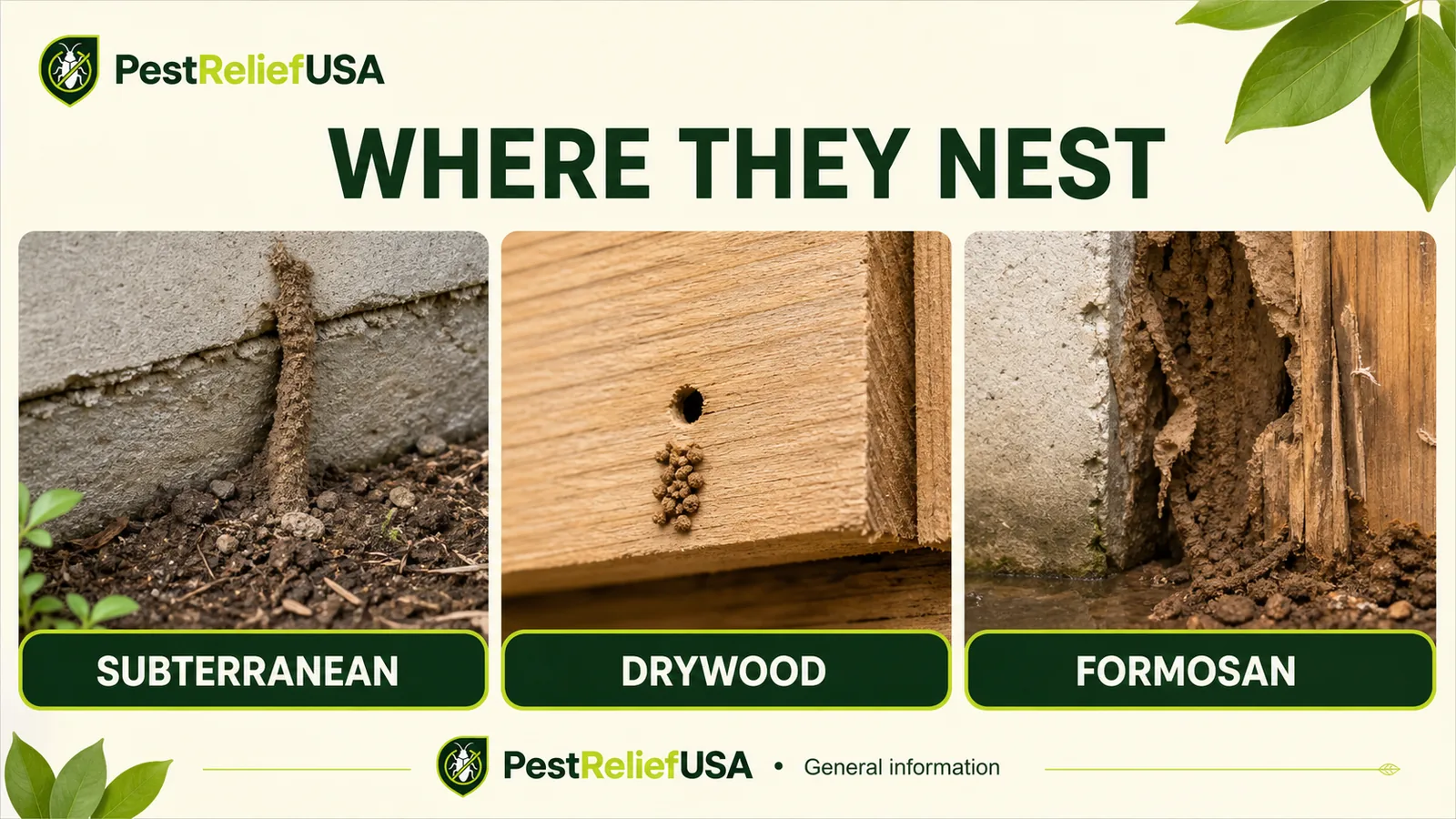 Types of termites in the US compared by subterranean, drywood and Formosan nesting settings