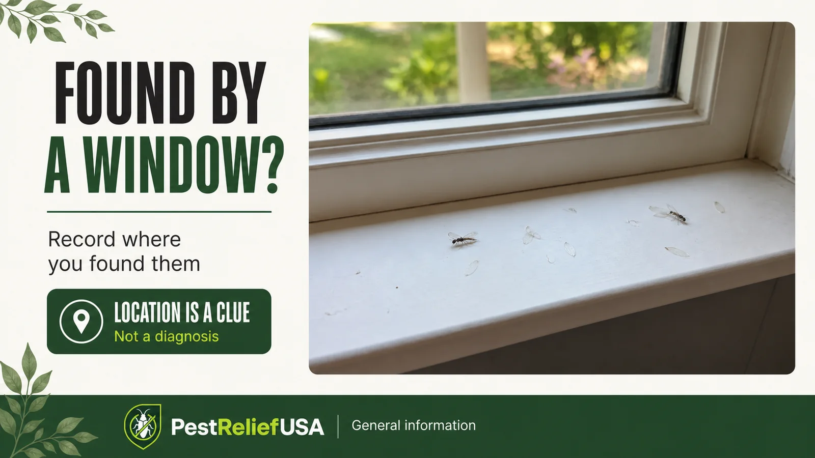 Winged insects by a window with a reminder to record location rather than assume a diagnosis