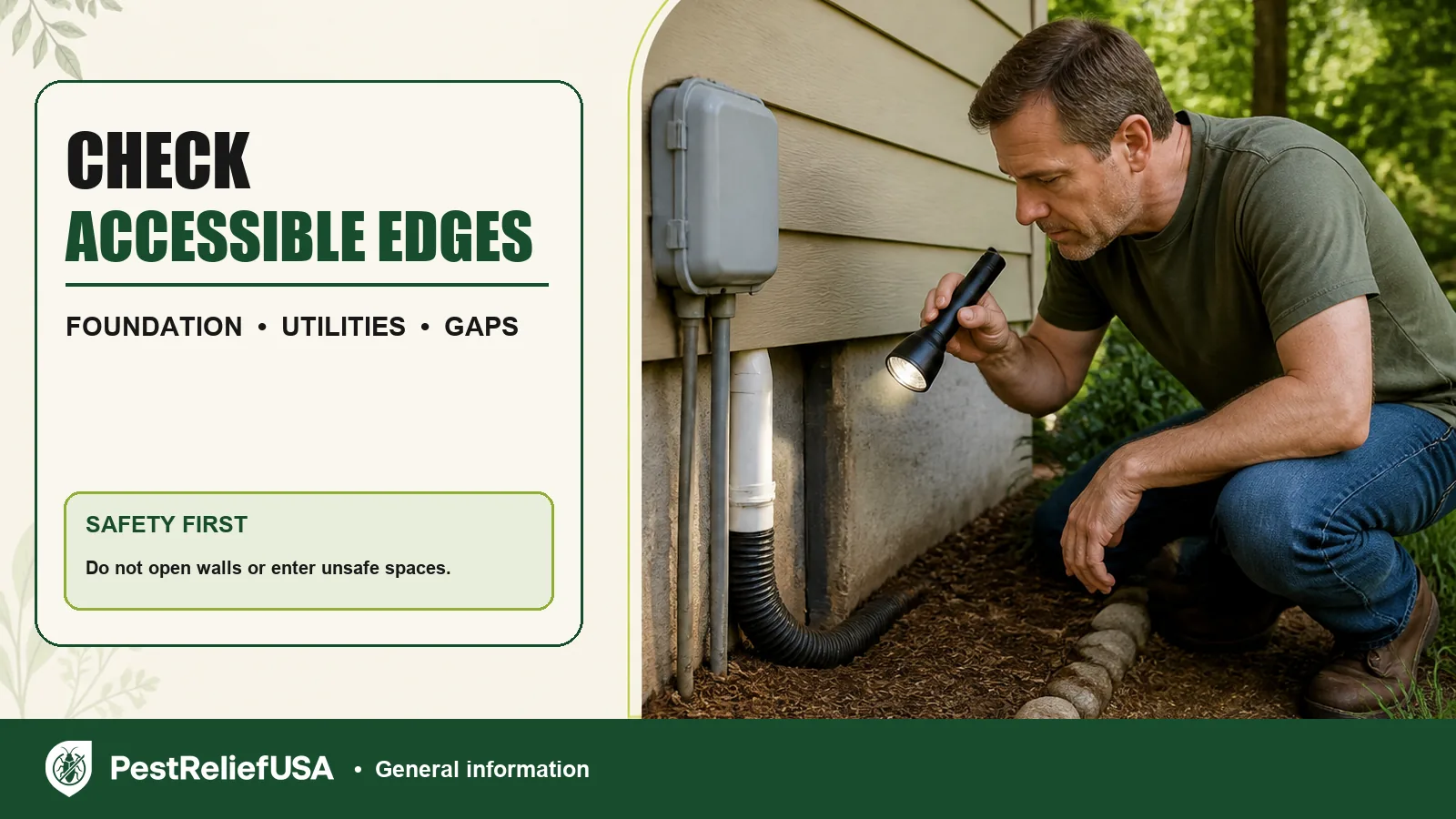Homeowner checking an accessible foundation and utility edge with a flashlight