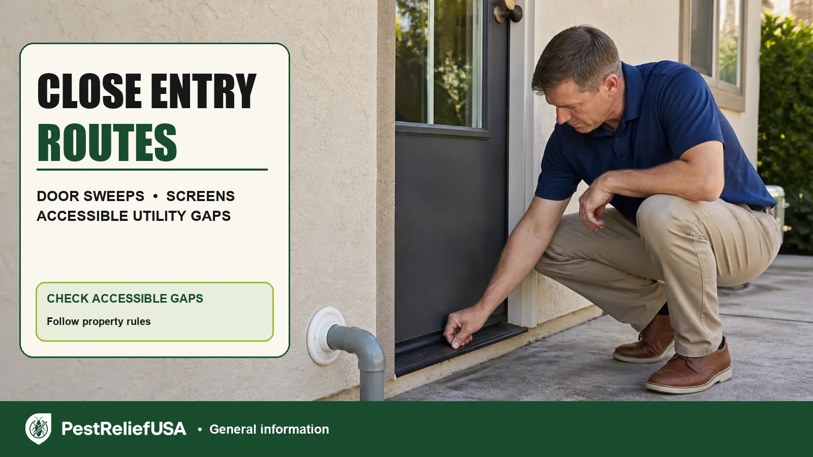 Homeowner checking a door sweep and accessible exterior utility gap