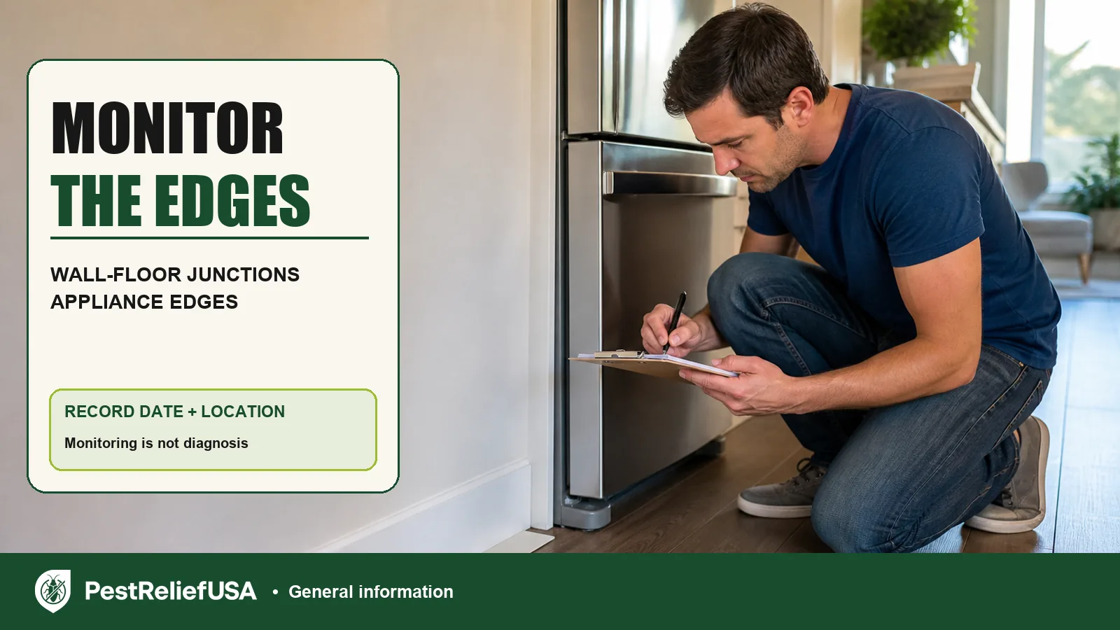 Homeowner recording a sticky monitoring trap location beside a refrigerator