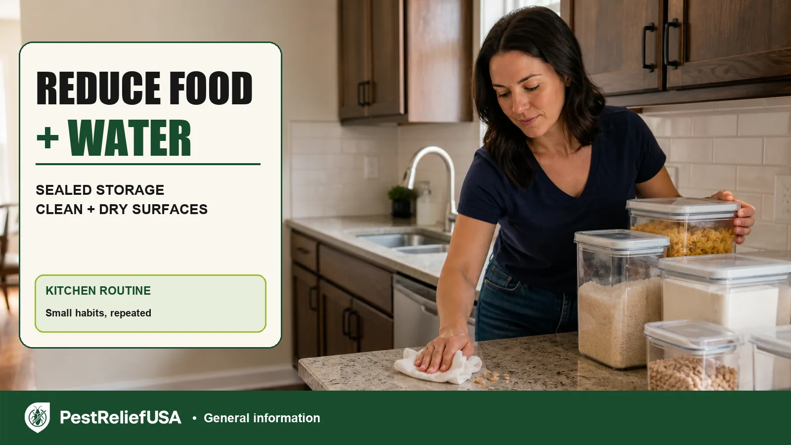 Homeowner wiping kitchen crumbs beside sealed food containers