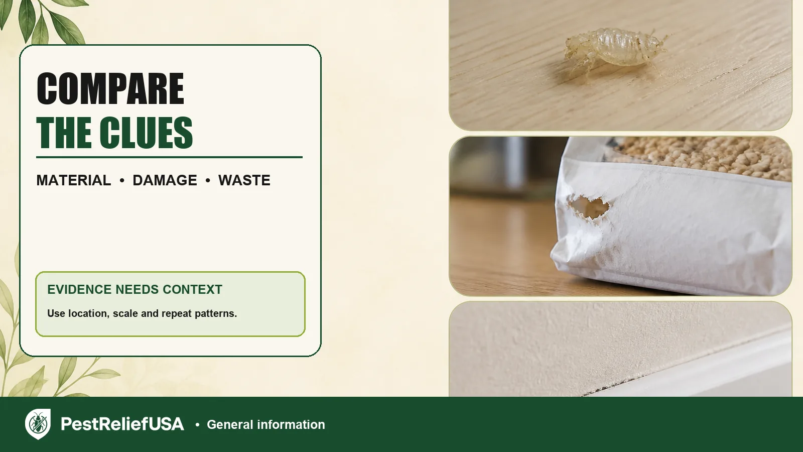 Examples of shed material, damaged food packaging and a wall-edge mark