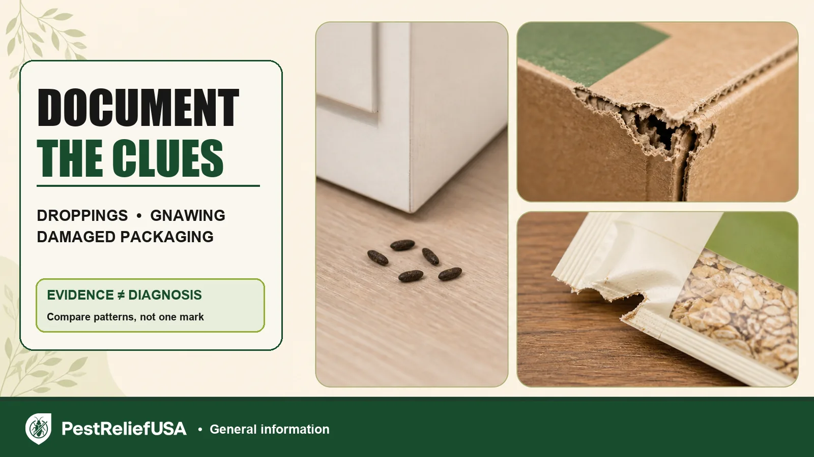Examples of possible rodent droppings, gnaw marks and damaged food packaging
