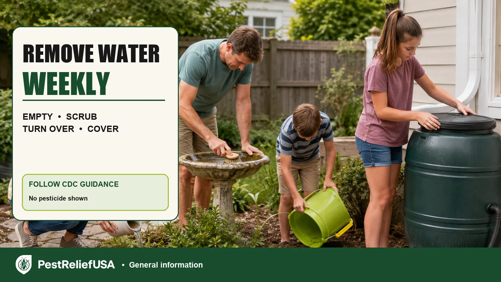Household members emptying containers, scrubbing a birdbath and covering a rain barrel