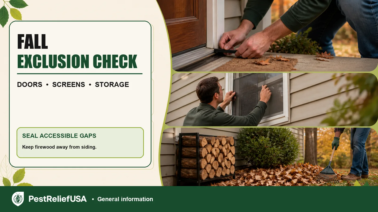 Fall door sweep, screen, firewood and leaf-debris maintenance checks