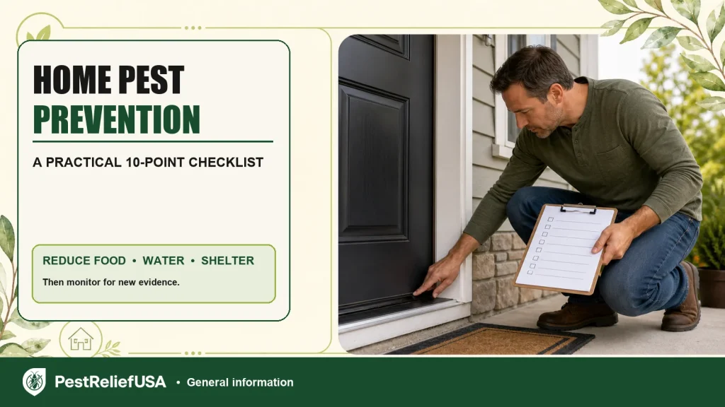 Homeowner checking a door sweep with a home pest prevention checklist