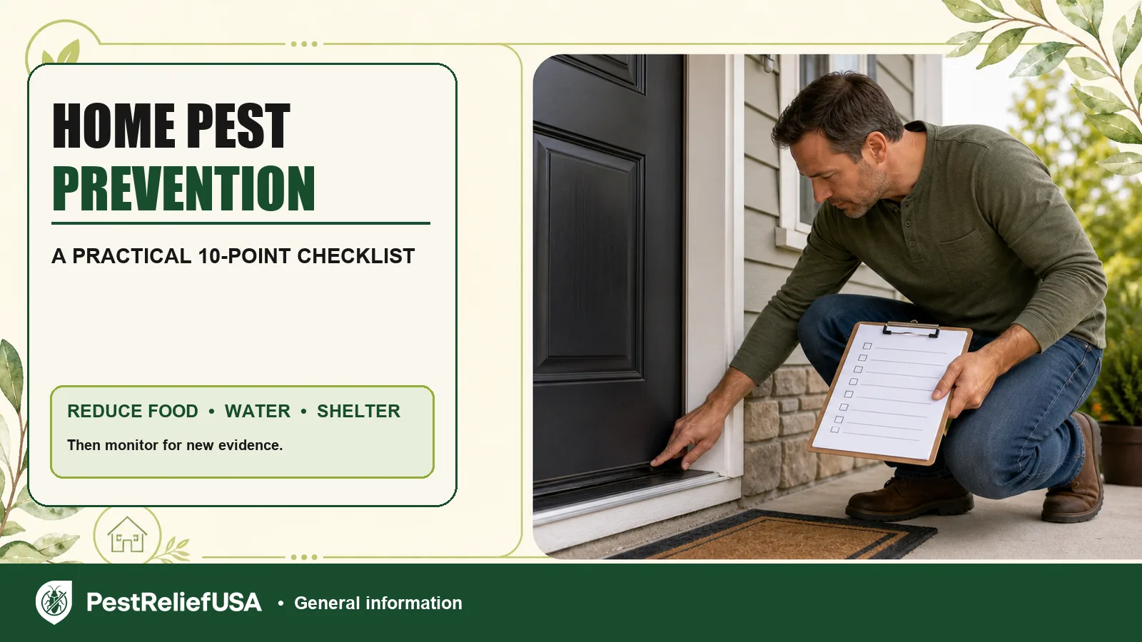 Homeowner checking a door sweep with a home pest prevention checklist