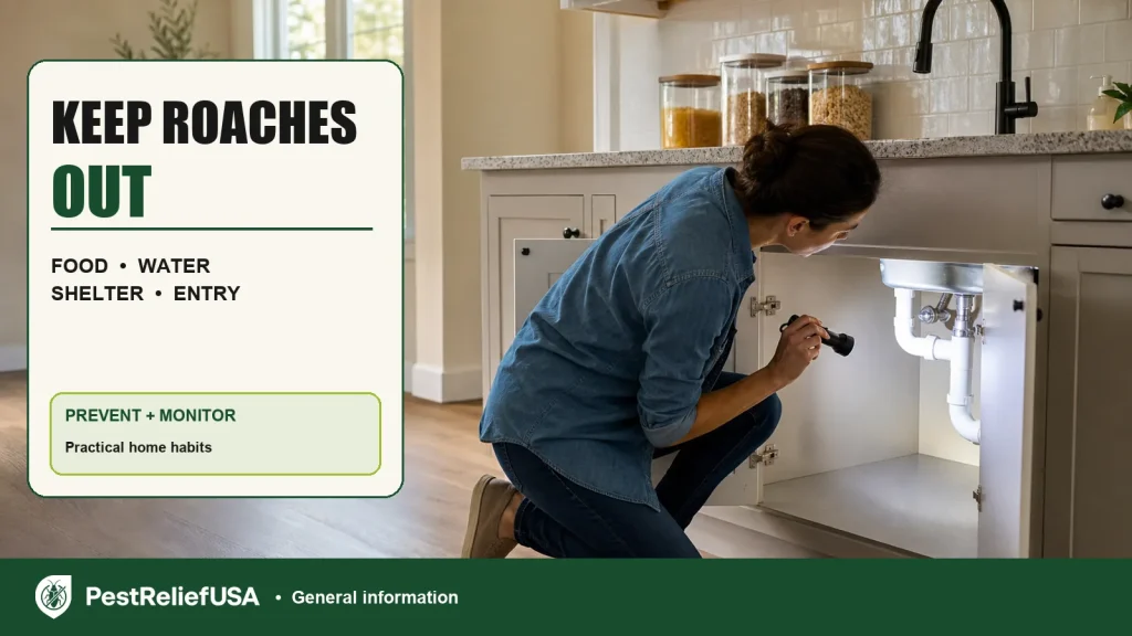 Homeowner checking under a kitchen sink as part of cockroach prevention
