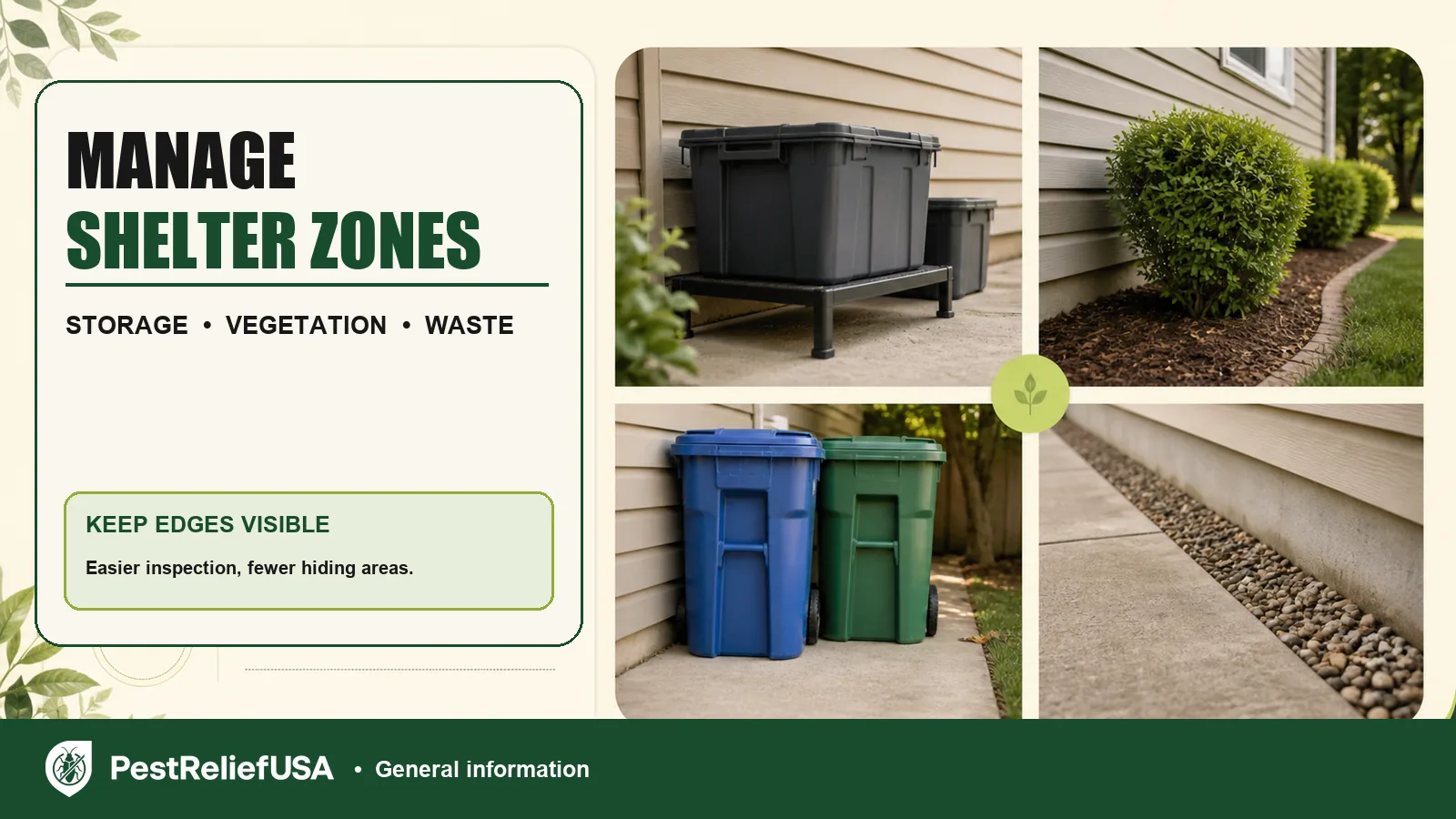 Organized storage, trimmed vegetation, lidded bins and a visible foundation edge