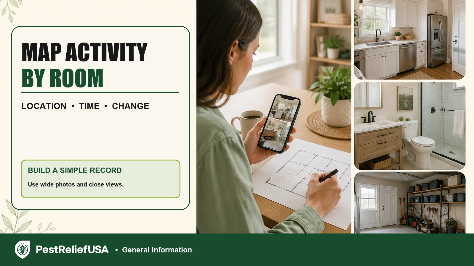 Homeowner mapping pest activity by room with photos and a floor plan