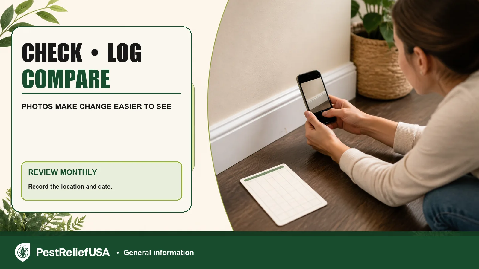 Homeowner photographing a baseboard clue for a monthly monitoring record