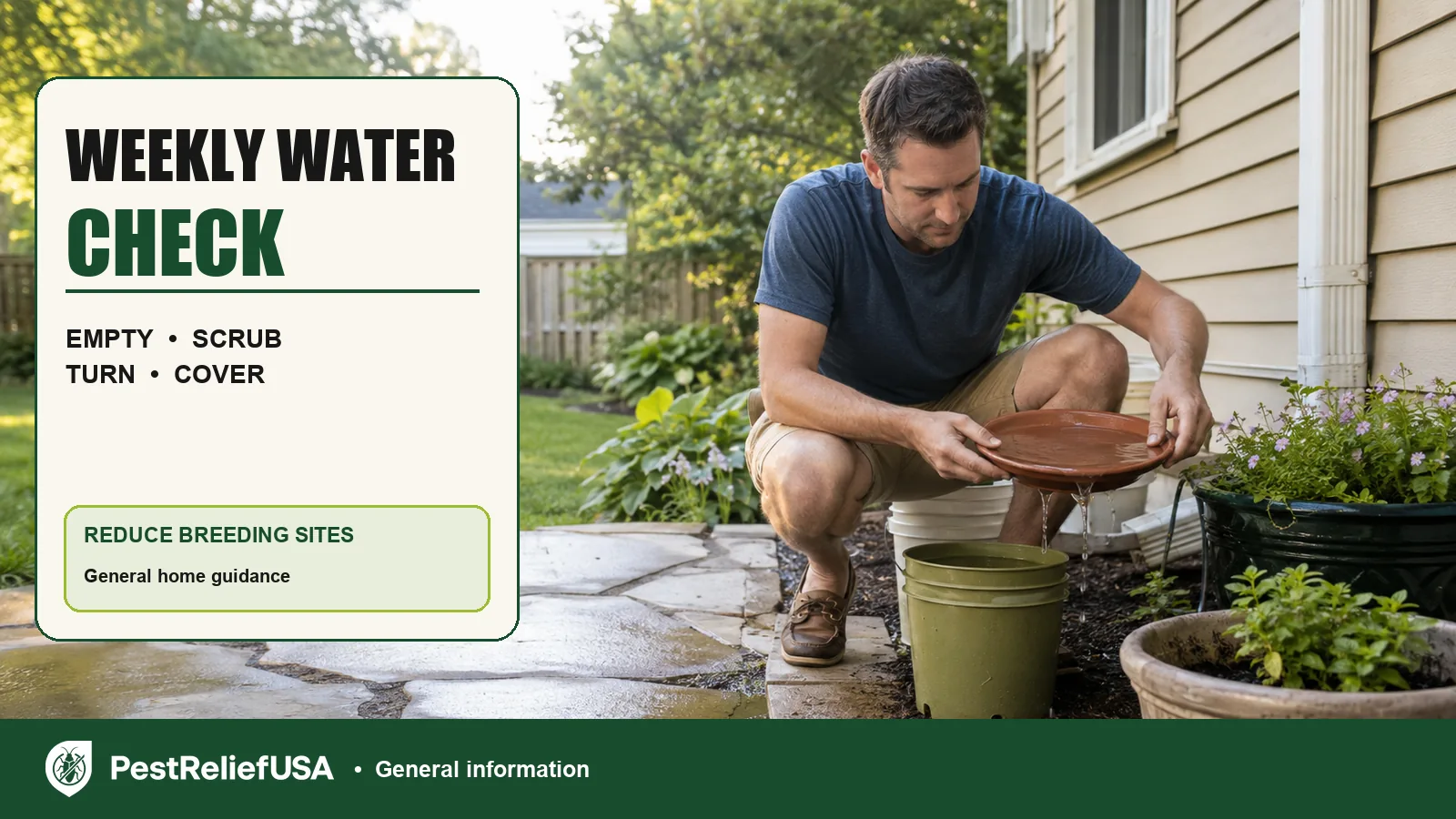 Homeowner checking a planter saucer for standing water during a weekly mosquito prevention routine