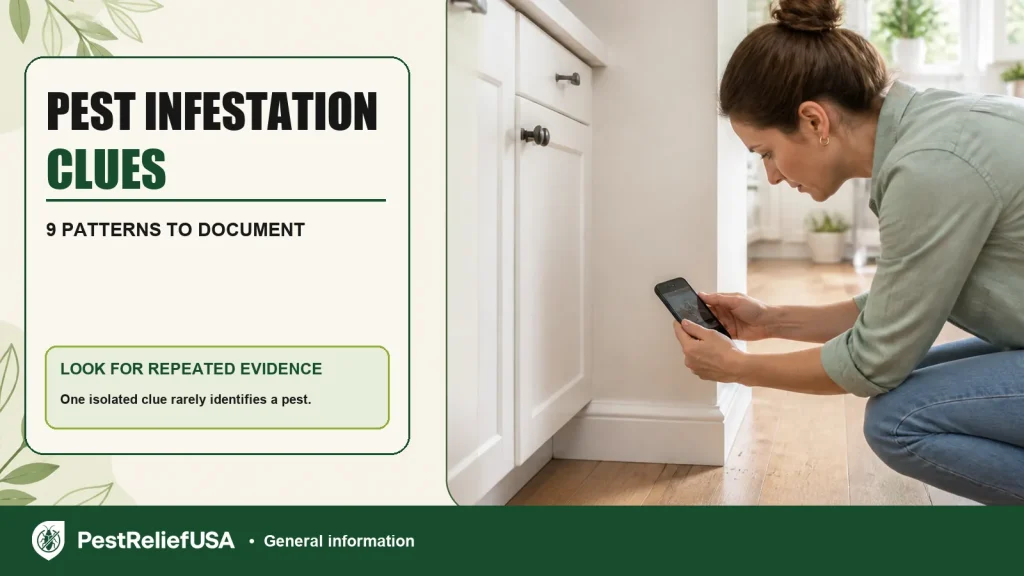 Homeowner documenting possible signs of a pest infestation near a kitchen cabinet