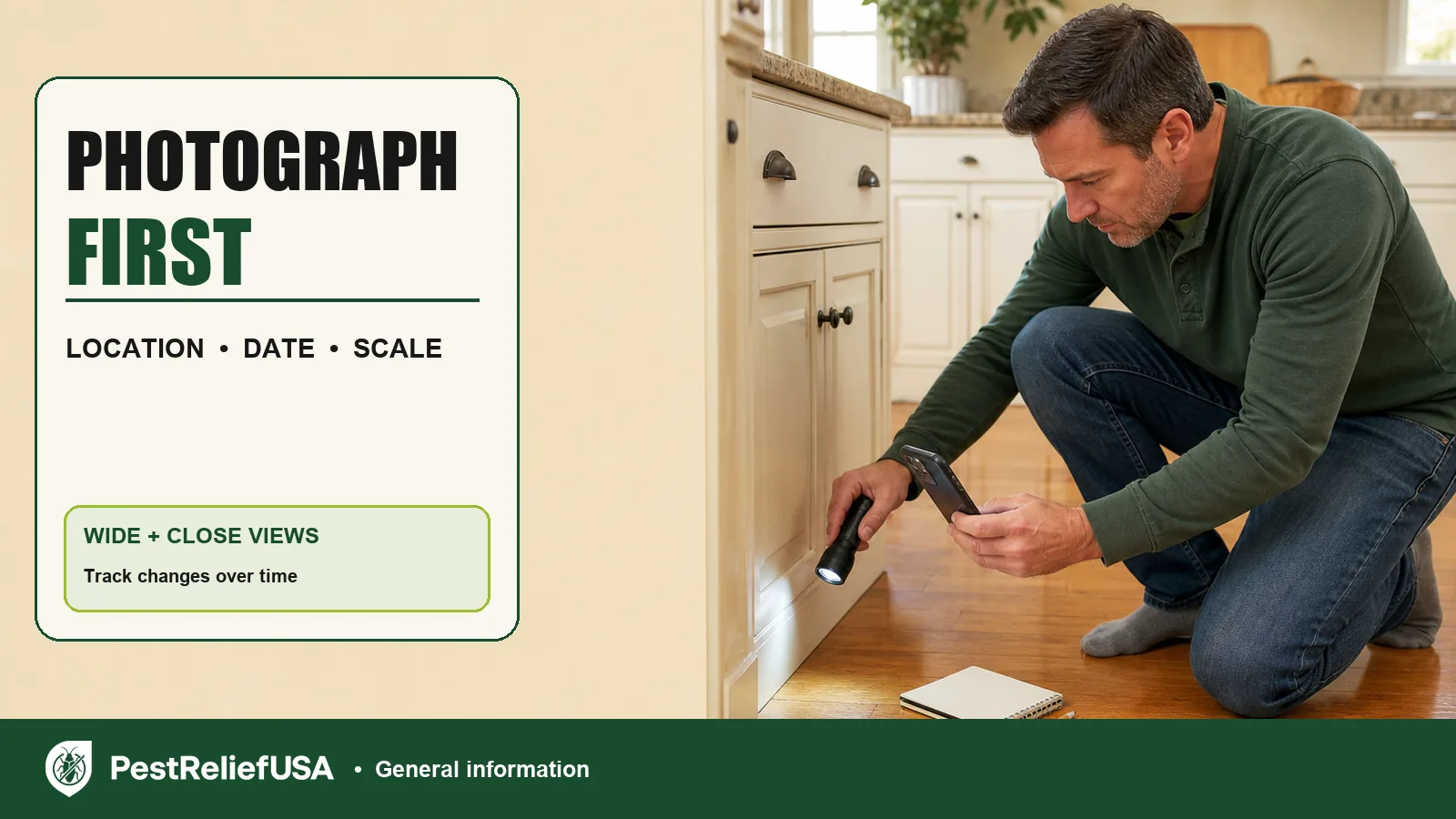PestReliefUSA editorial card showing a homeowner using a phone and flashlight with the text Photograph First