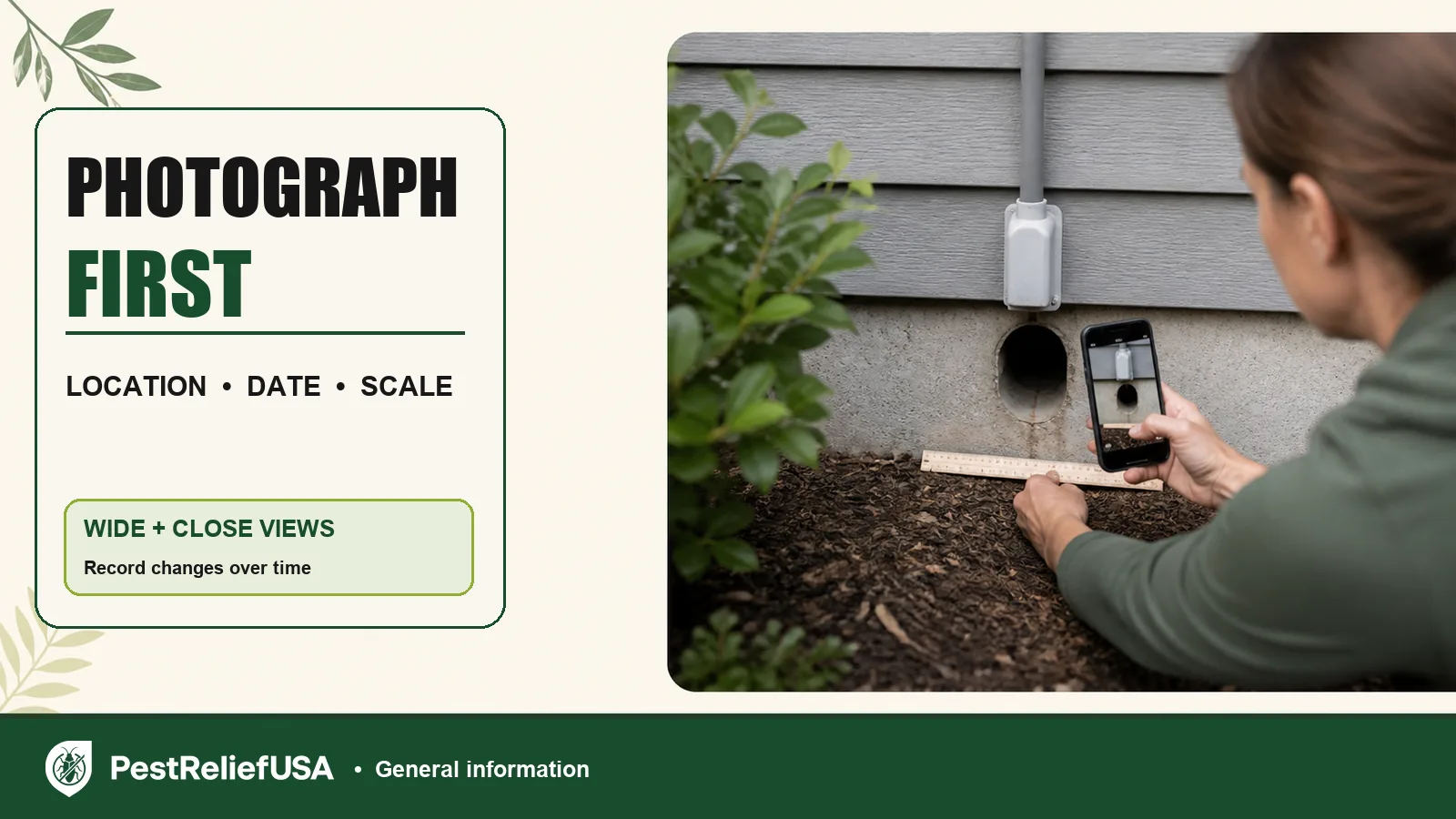 Homeowner photographing a possible rodent entry clue with location, date and scale notes