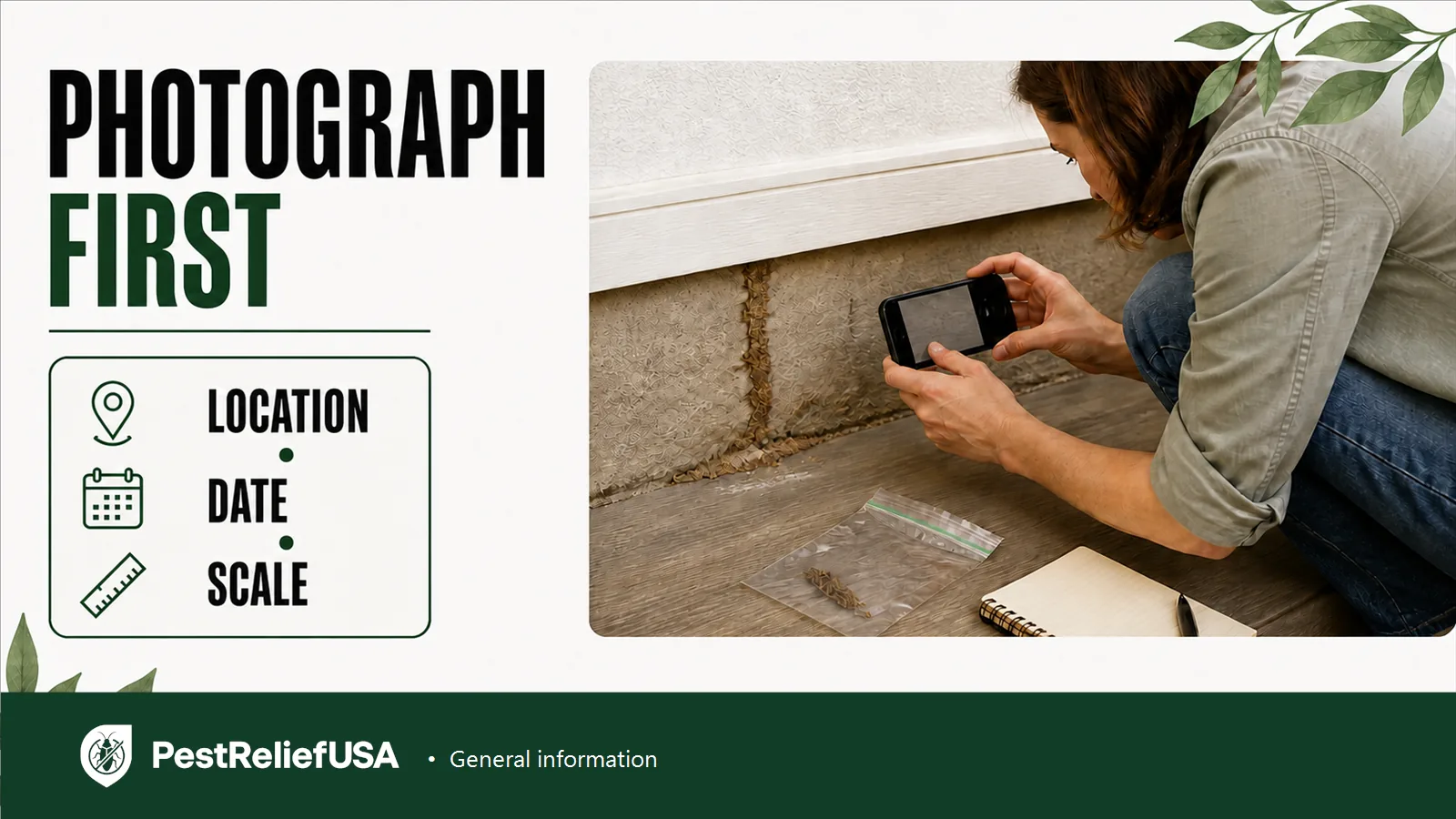 Homeowner photographing possible termite evidence before an inspection