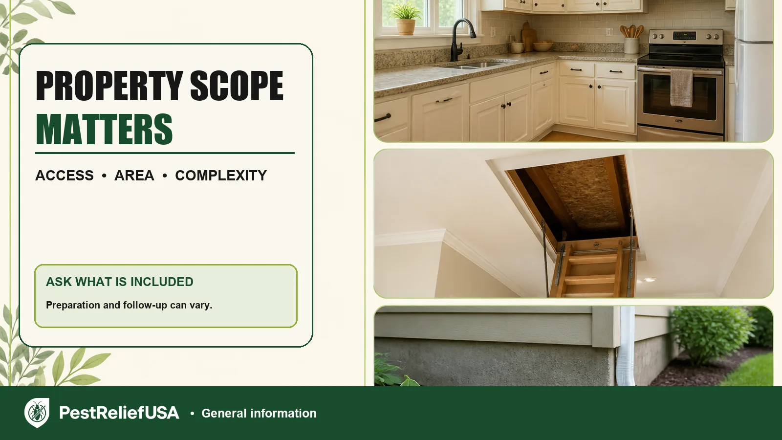 Kitchen, attic access and foundation areas that can affect pest control scope