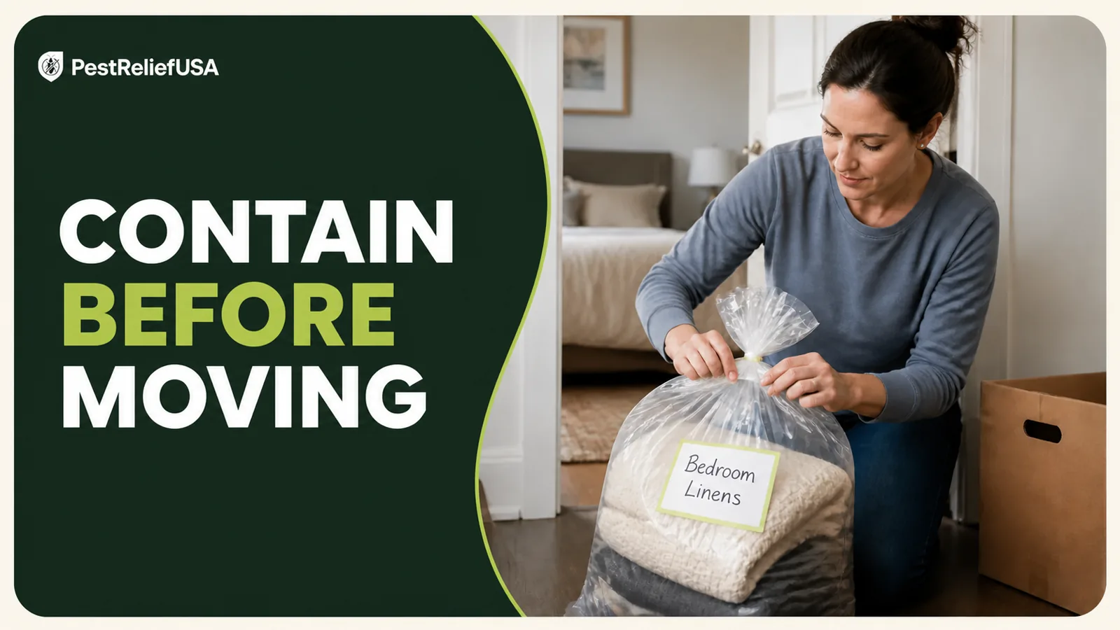 Homeowner sealing bedroom linens before moving them after a suspected bed bug finding