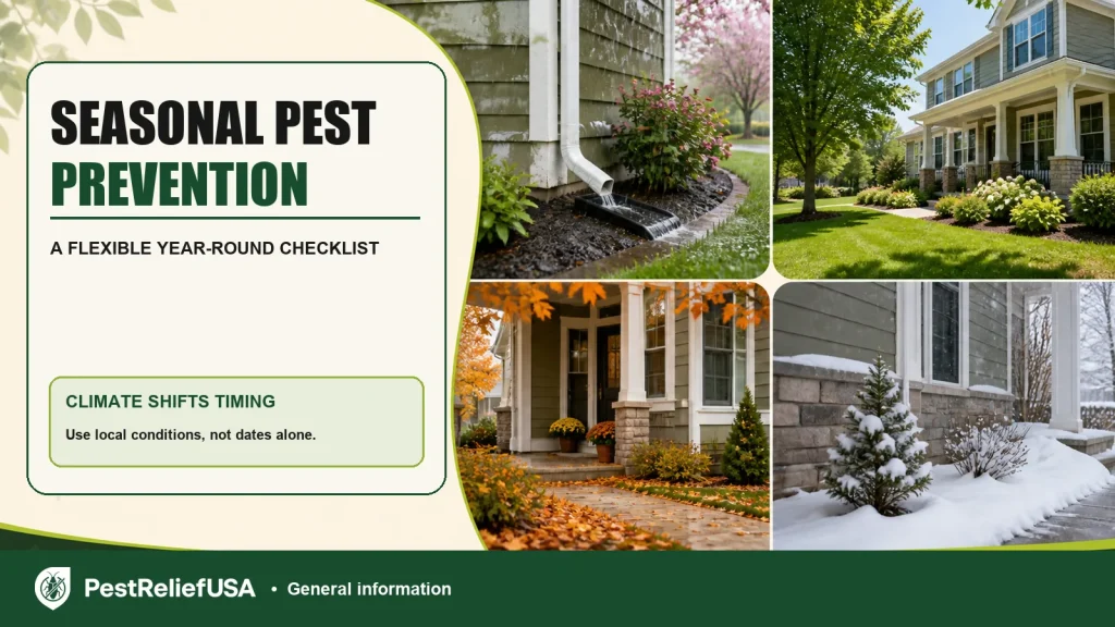 Four-season home scenes for a seasonal pest prevention checklist