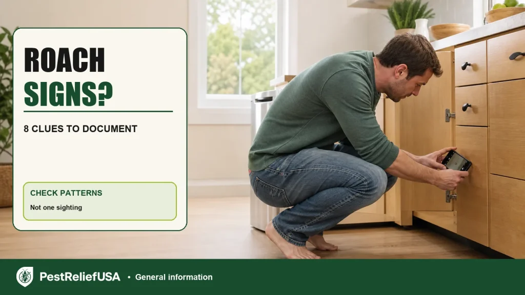 PestReliefUSA editorial card showing a homeowner photographing a cabinet edge with the text Roach Signs?