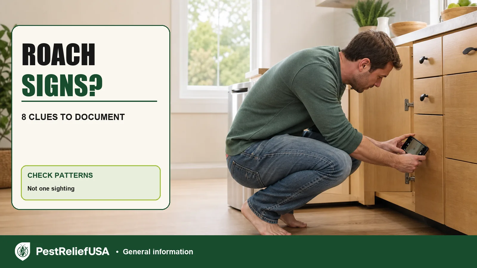 PestReliefUSA editorial card showing a homeowner photographing a cabinet edge with the text Roach Signs?