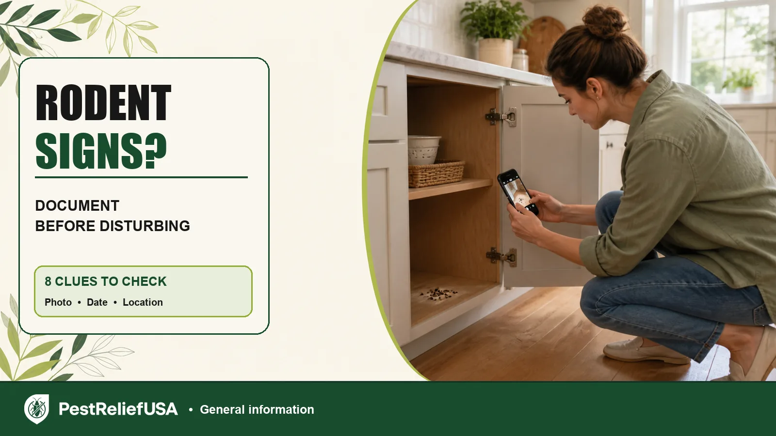 Homeowner photographing possible rodent evidence near a kitchen cabinet without touching it