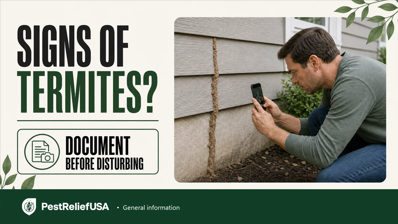 Homeowner photographing possible termite evidence along an exterior foundation