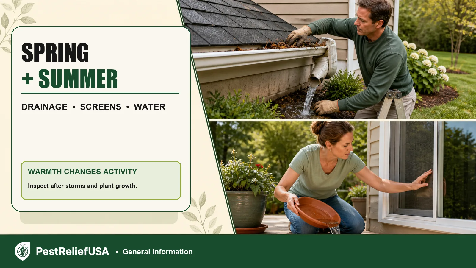 Spring drainage maintenance and summer screen and standing-water checks