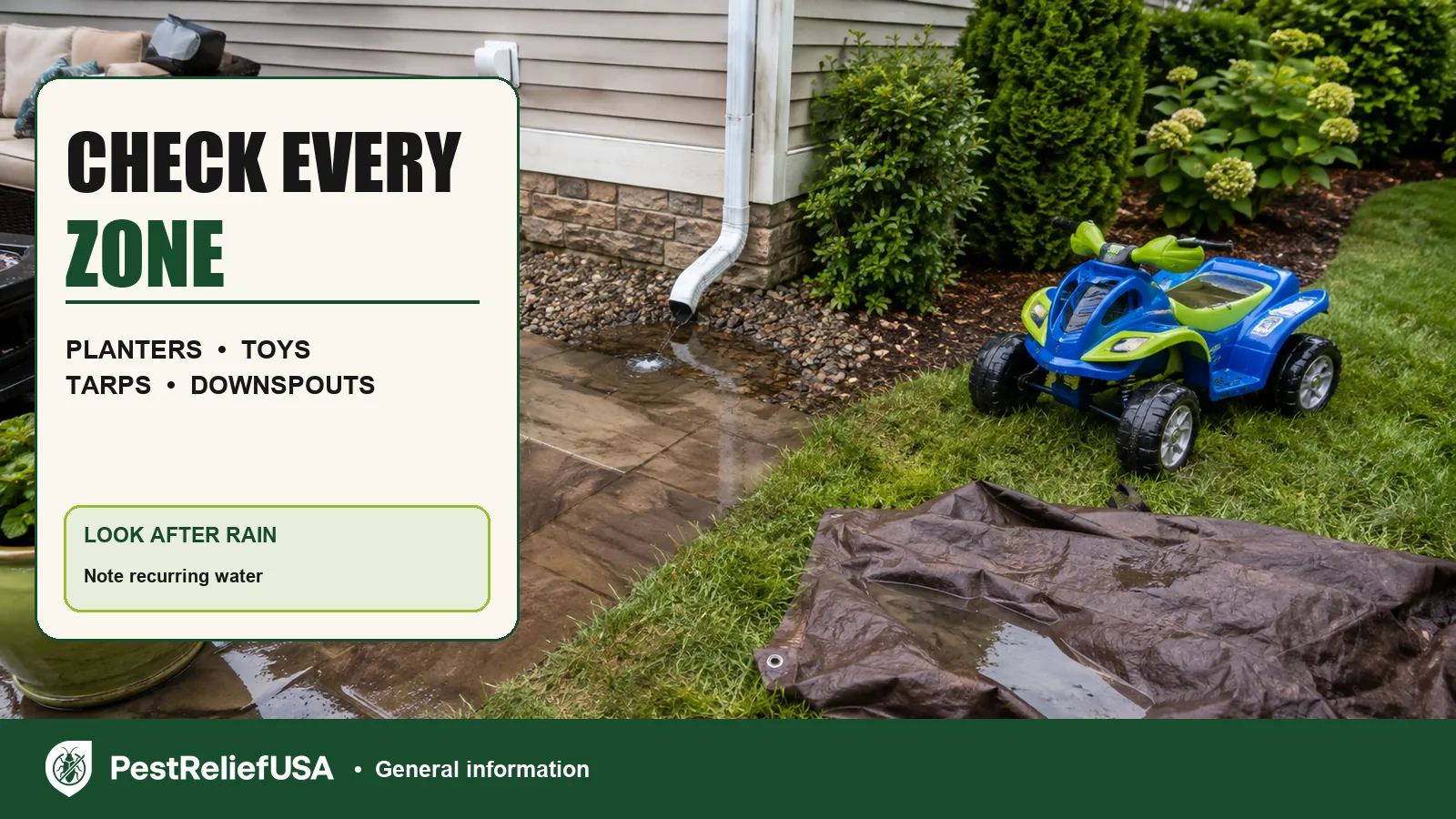 Standing water near planters, a toy, tarp and downspout after rain