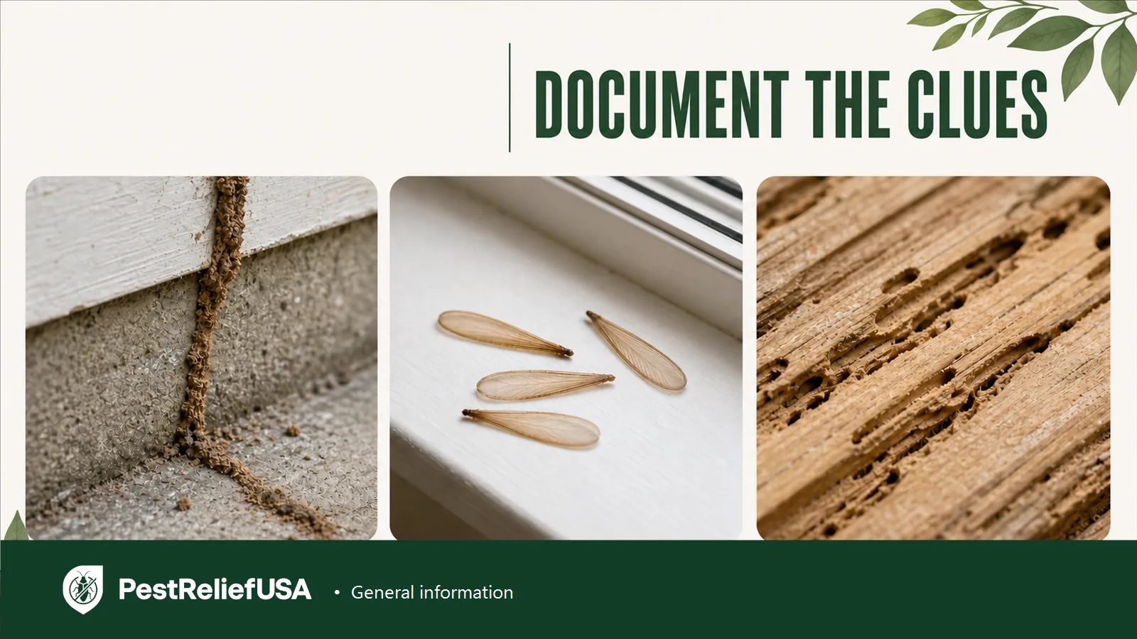 Examples of possible termite clues including a mud tube, discarded wings and altered wood